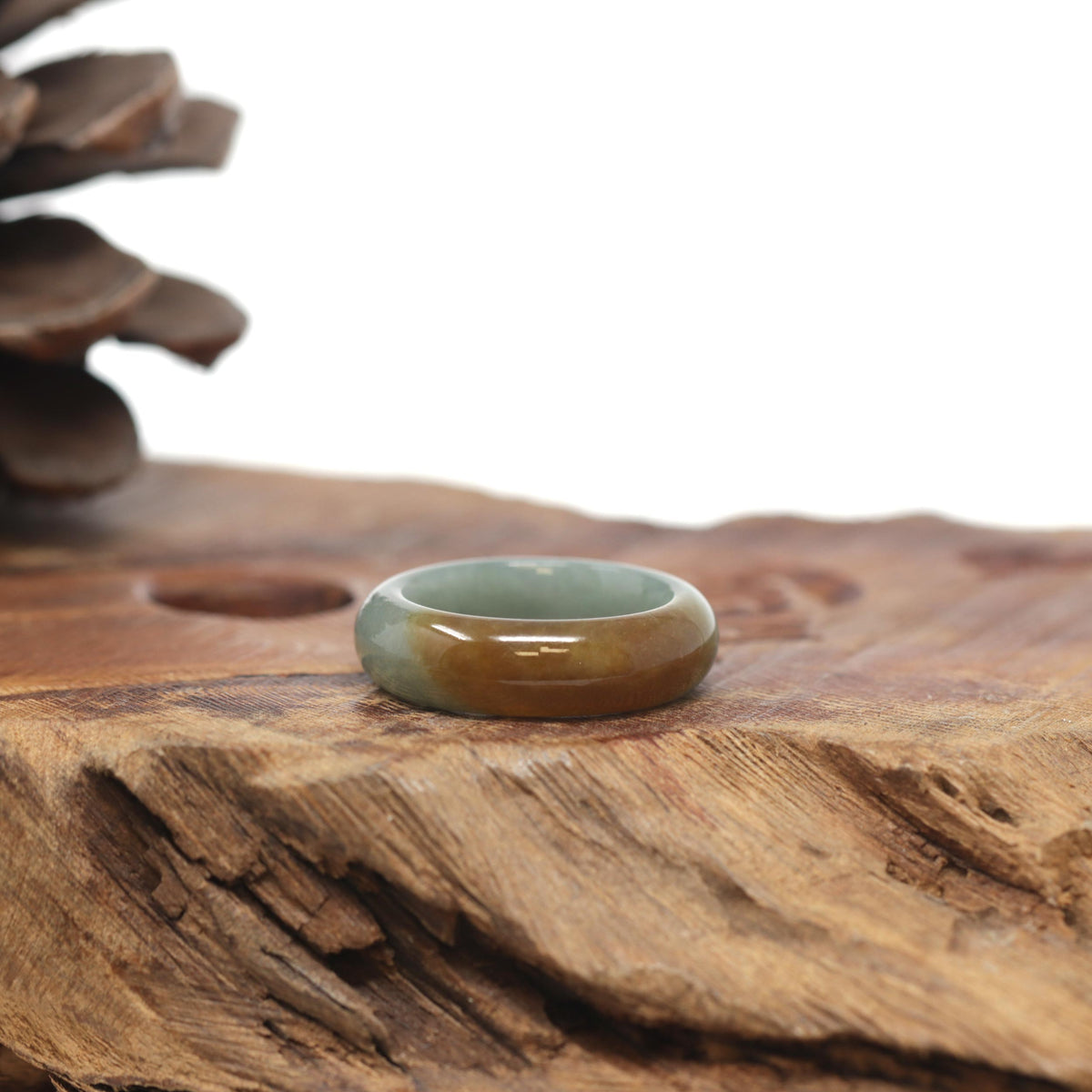Baikalla Natural Oil-Green &amp; Honey-Brown Burmese Jadeite Jade Traditional Ring 
