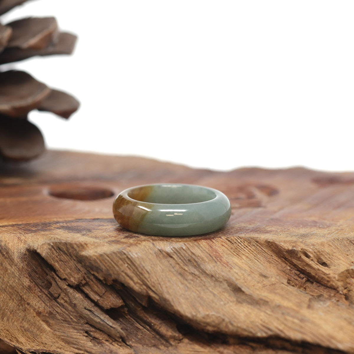 Baikalla Natural Oil-Green &amp; Honey-Brown Burmese Jadeite Jade Traditional Ring 