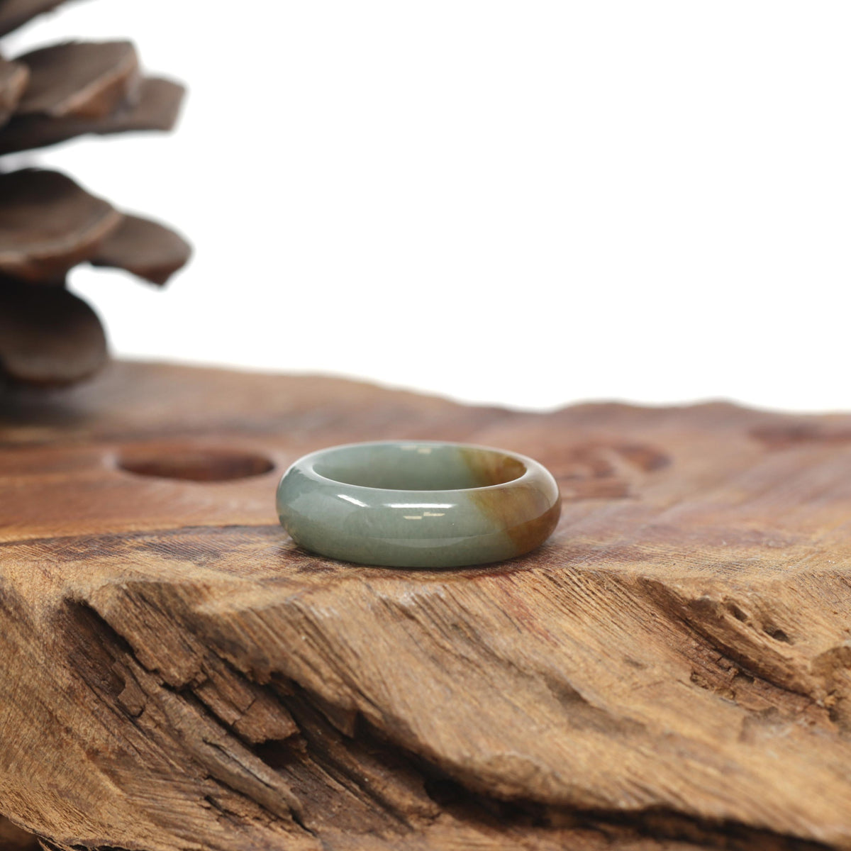 Baikalla Natural Oil-Green &amp; Honey-Brown Burmese Jadeite Jade Traditional Ring 