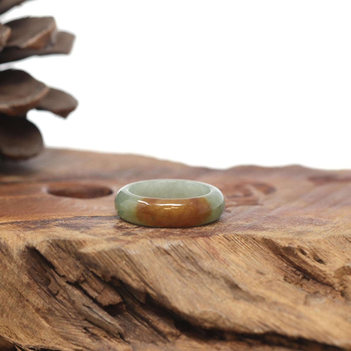Baikalla Natural Oil-Green &amp; Honey-Brown Burmese Jadeite Jade Traditional Ring 