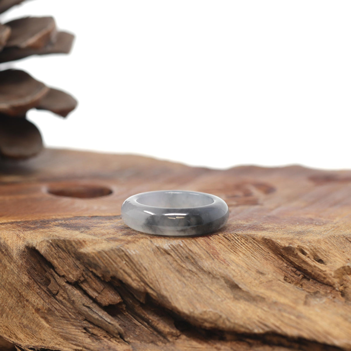 Baikalla Natural Icy Grey &amp; Black Wuji Jadeite Jade Traditional Ring 