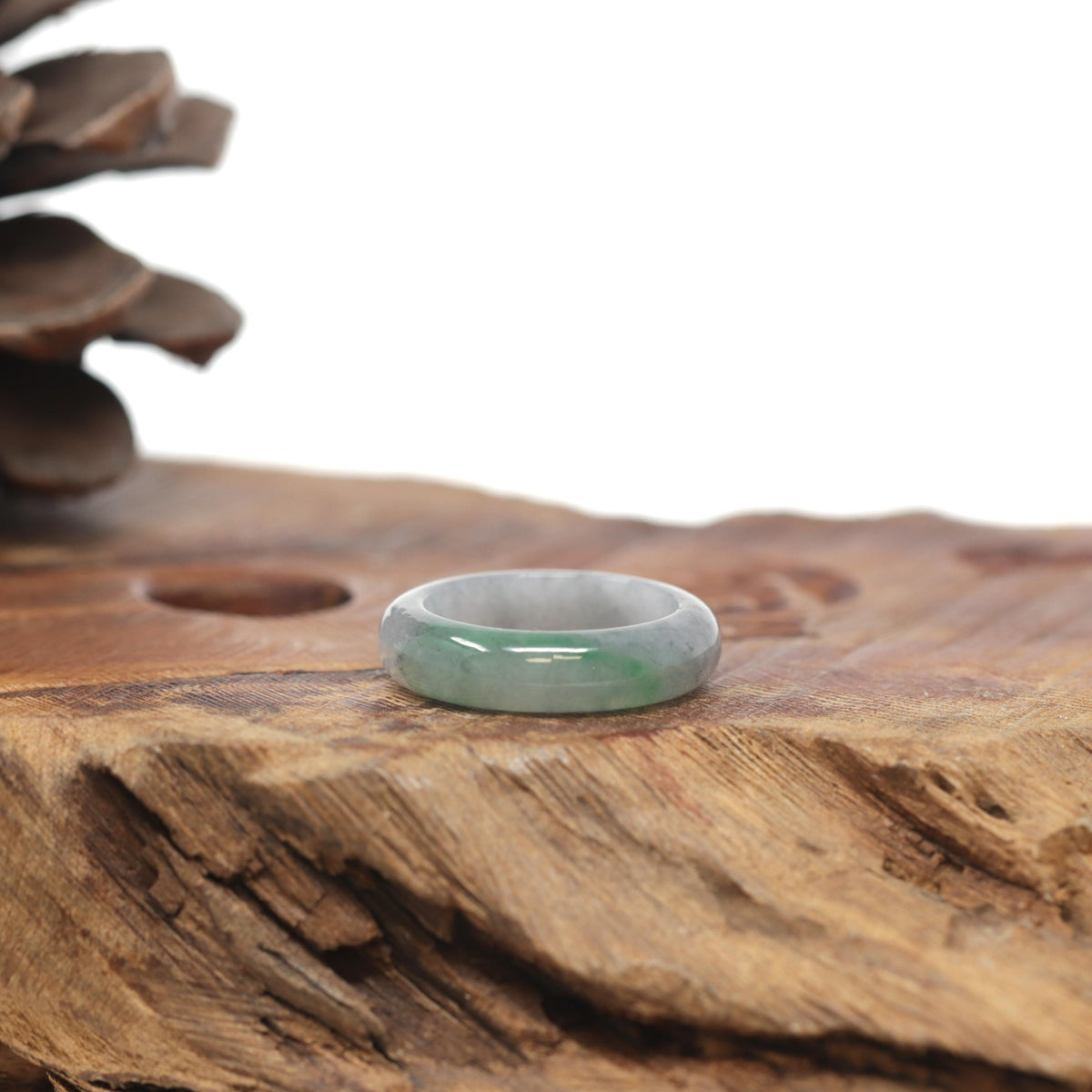 Baikalla Natural Light Grey Wuji &amp; Apple-Green Jadeite Jade Traditional Ring 