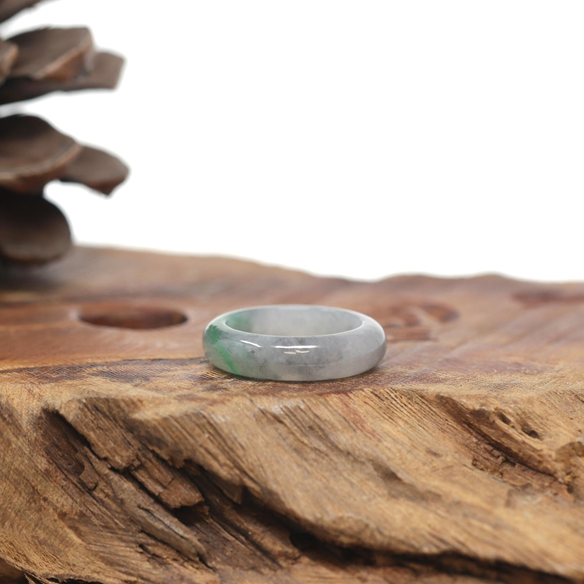 Baikalla Natural Light Grey Wuji &amp; Apple-Green Jadeite Jade Traditional Ring 