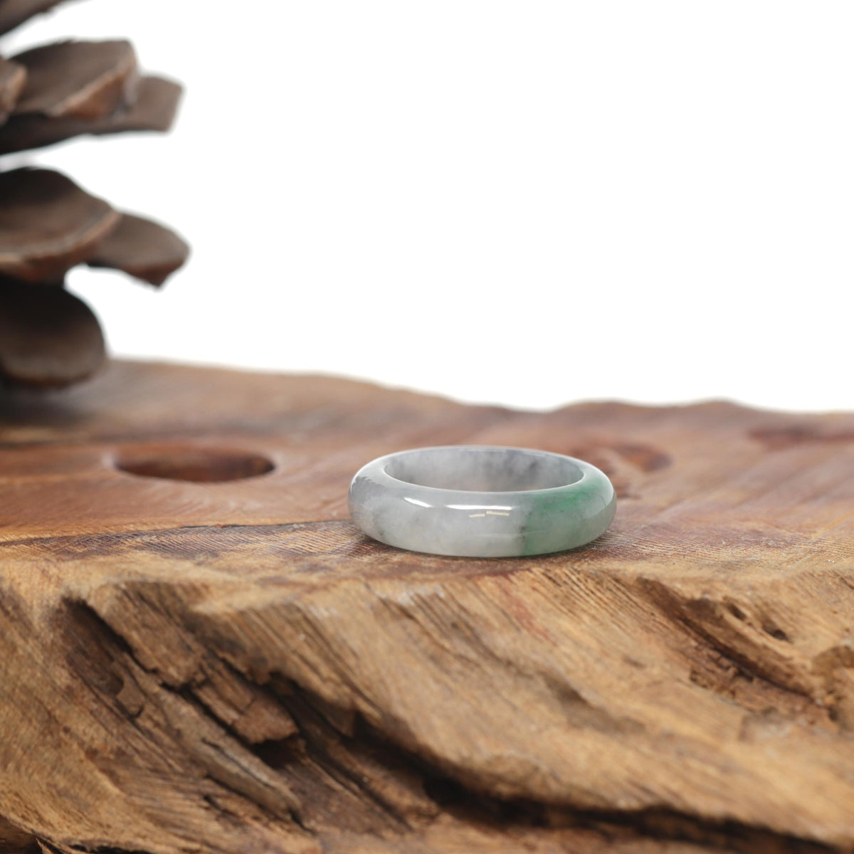 Baikalla Natural Light Grey Wuji &amp; Apple-Green Jadeite Jade Traditional Ring 