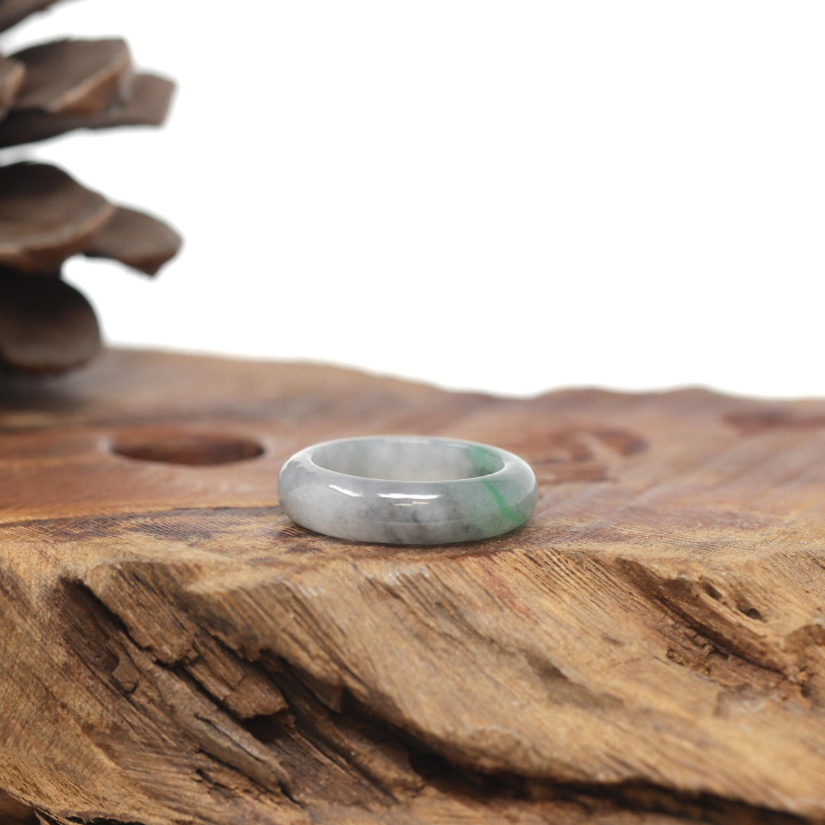 Baikalla Natural Light Grey Wuji &amp; Apple-Green Jadeite Jade Traditional Ring 