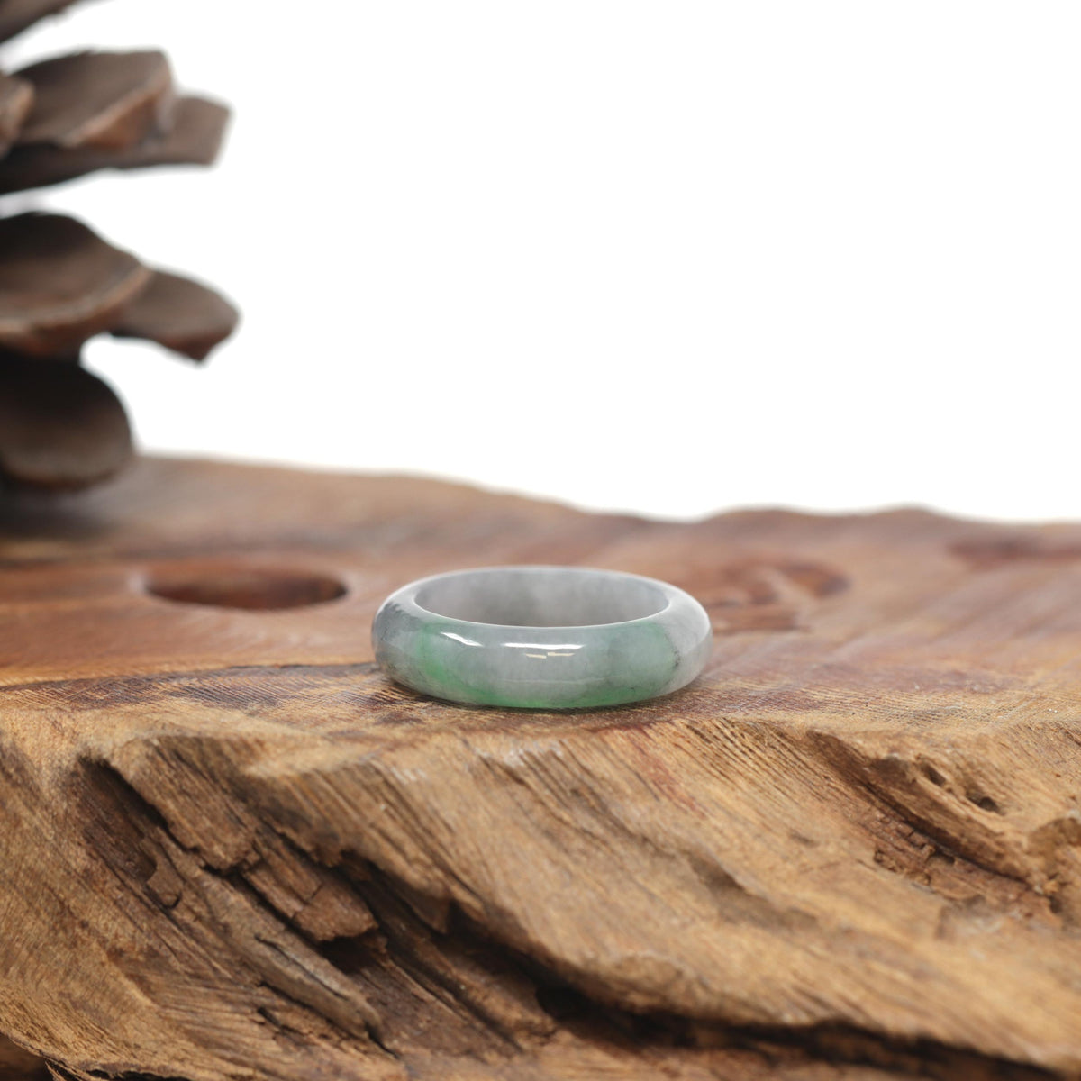 Baikalla Natural Light Grey Wuji &amp; Apple-Green Jadeite Jade Traditional Ring 