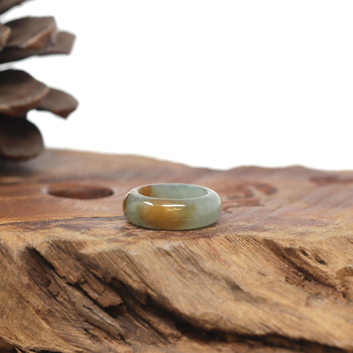 Baikalla Natural Oil-Green &amp; Honey-Brown Burmese Jadeite Jade Traditional Ring 