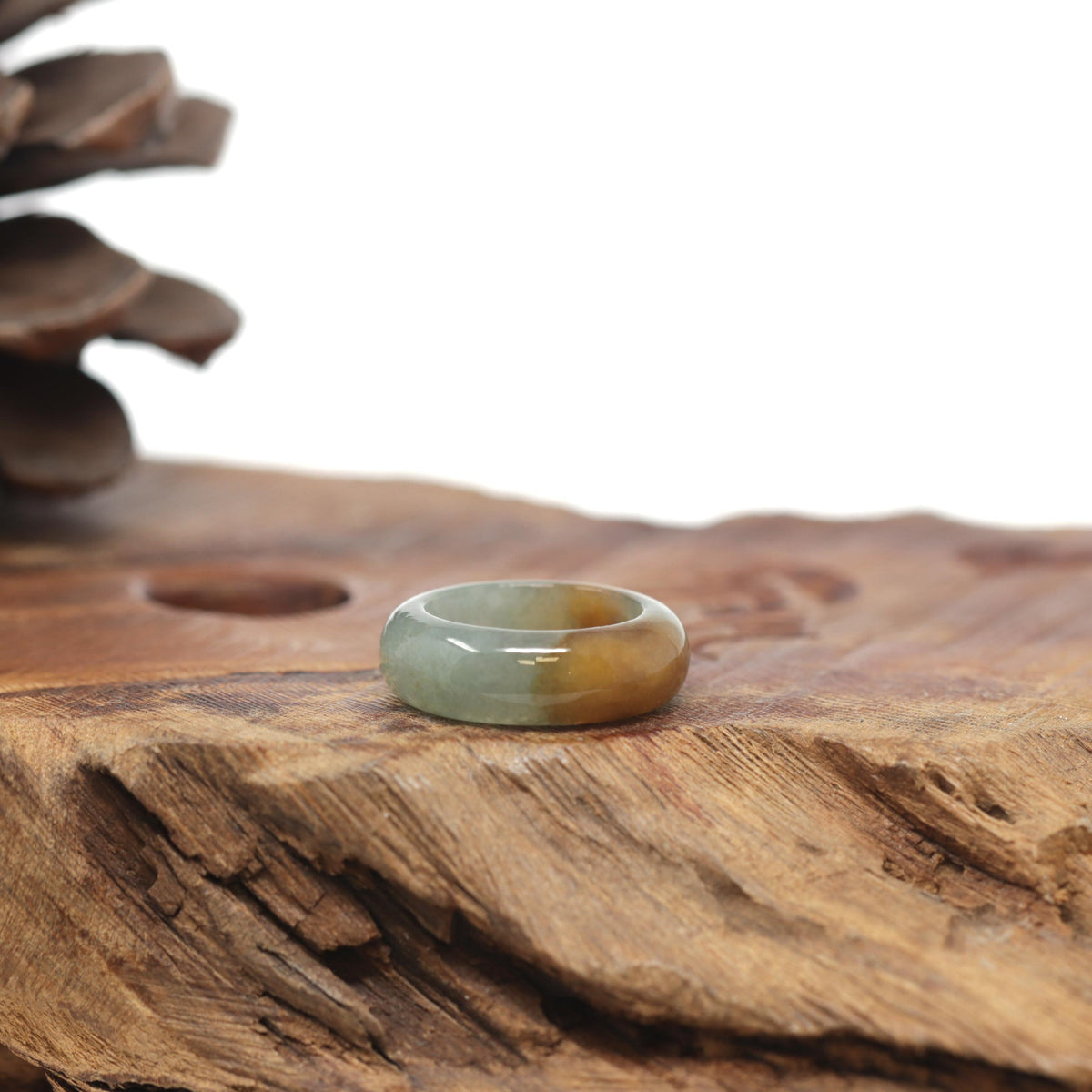 Baikalla Natural Oil-Green &amp; Honey-Brown Burmese Jadeite Jade Traditional Ring 