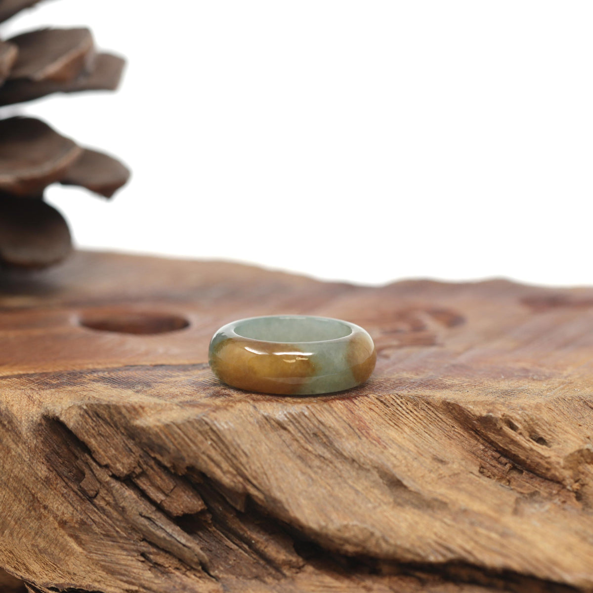 Baikalla Natural Oil-Green &amp; Honey-Brown Burmese Jadeite Jade Traditional Ring 