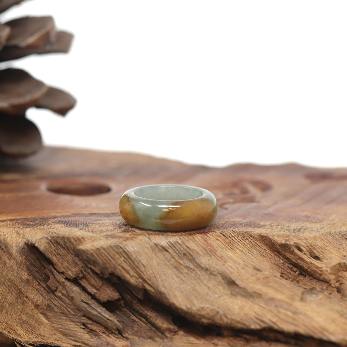 Baikalla Natural Oil-Green &amp; Honey-Brown Burmese Jadeite Jade Traditional Ring 