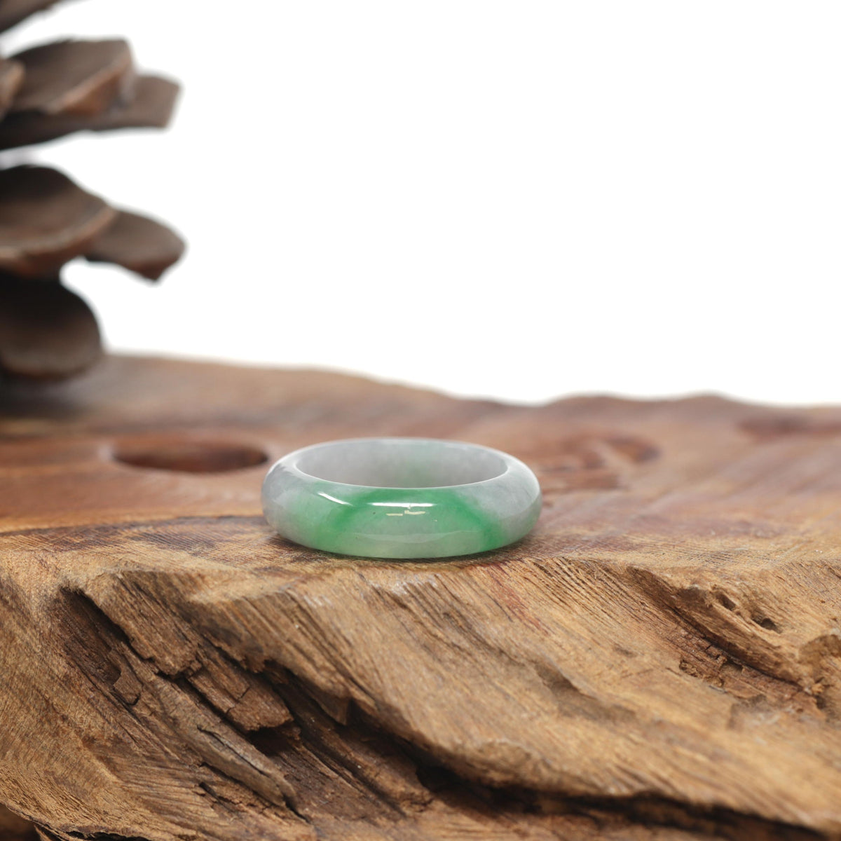 Baikalla Natural Light Grey Wuji &amp; Apple-Green Jadeite Jade Traditional Ring 