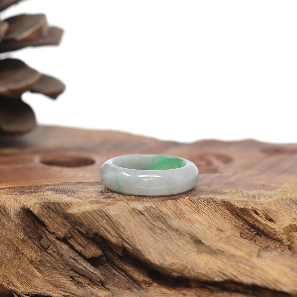 Baikalla Natural Light Grey Wuji &amp; Apple-Green Jadeite Jade Traditional Ring 
