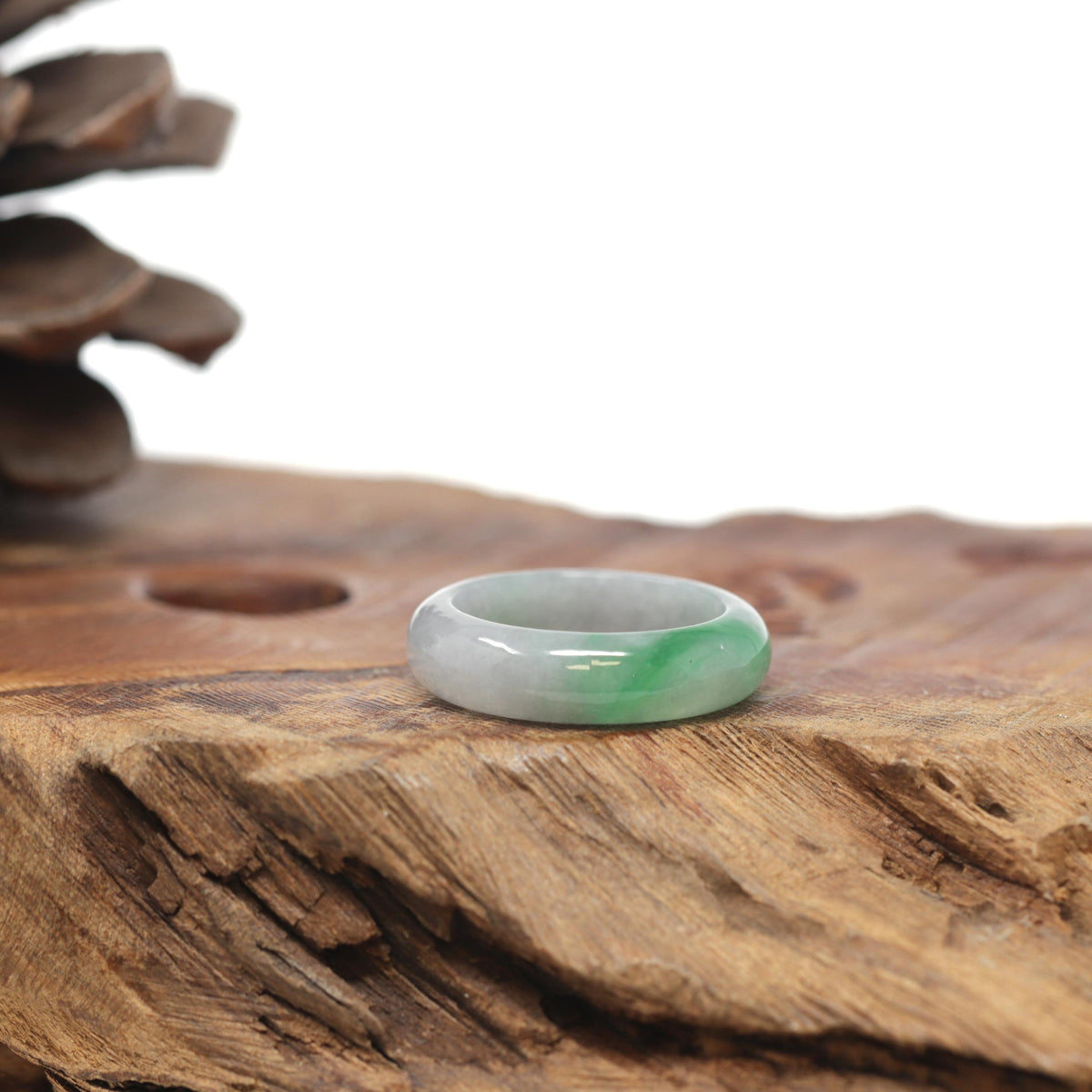 Baikalla Natural Light Grey Wuji &amp; Apple-Green Jadeite Jade Traditional Ring 