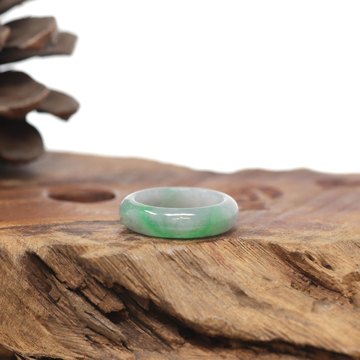 Baikalla Natural Light Grey Wuji &amp; Apple-Green Jadeite Jade Traditional Ring 
