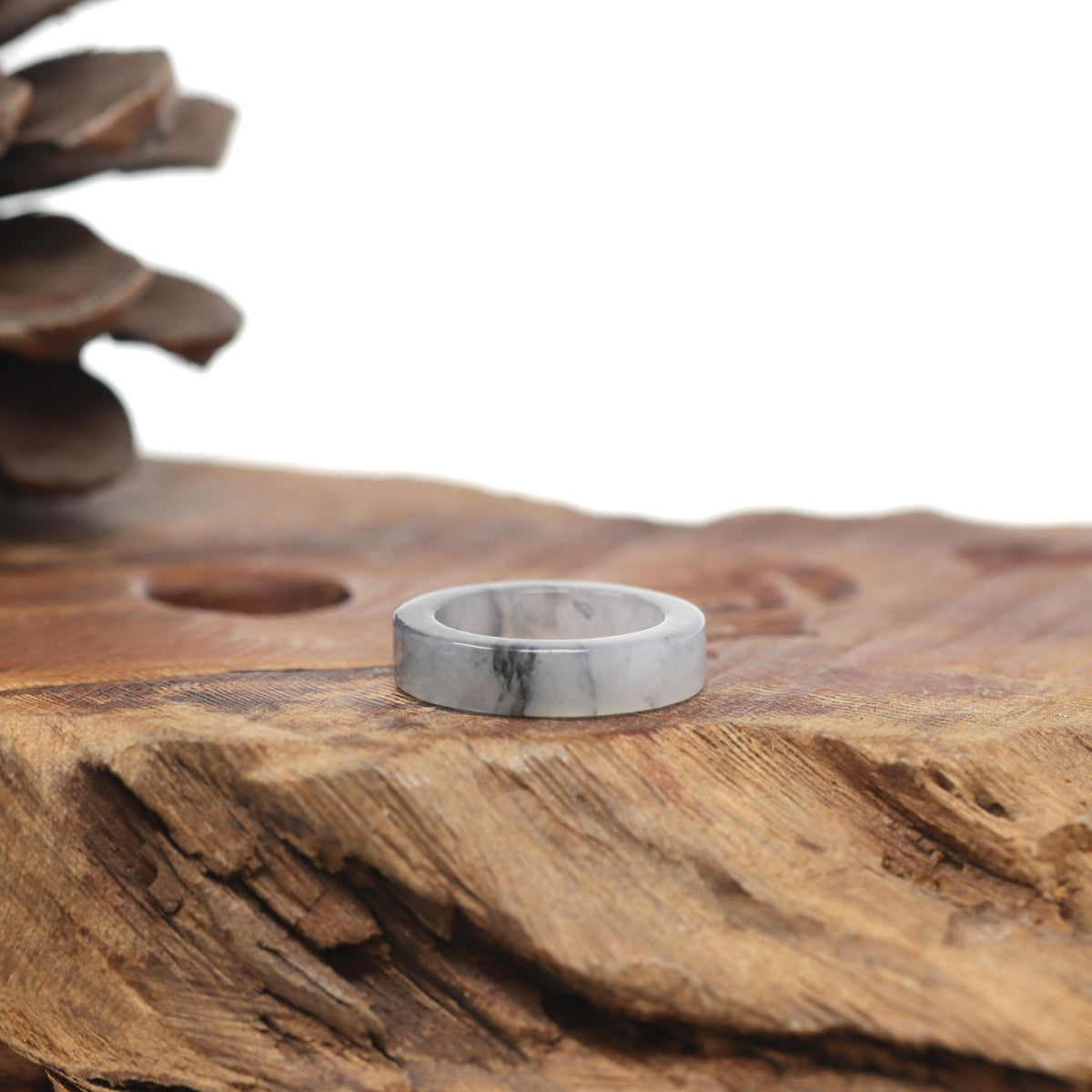 Baikalla Natural Icy Black &amp; Grey Wuji Jadeite Jade Traditional "Square Cut" Ring 