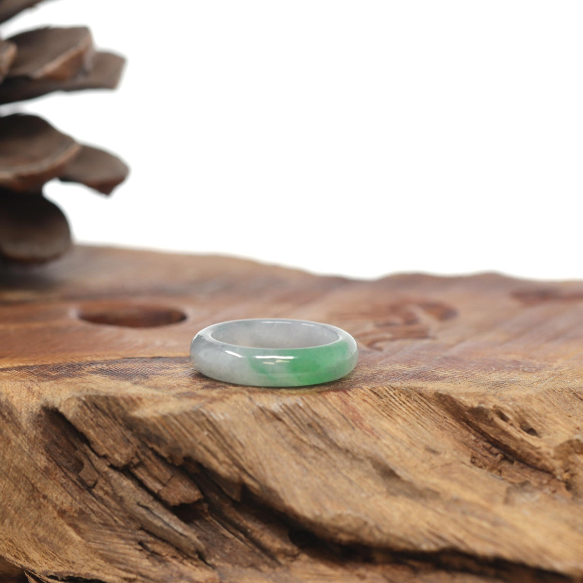Baikalla Natural Light Grey Wuji &amp; Apple-Green Jadeite Jade Traditional Ring 