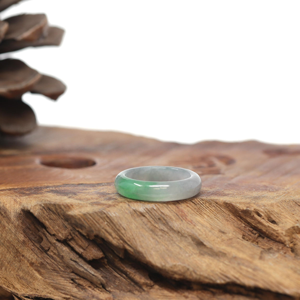 Baikalla Natural Light Grey Wuji &amp; Apple-Green Jadeite Jade Traditional Ring 