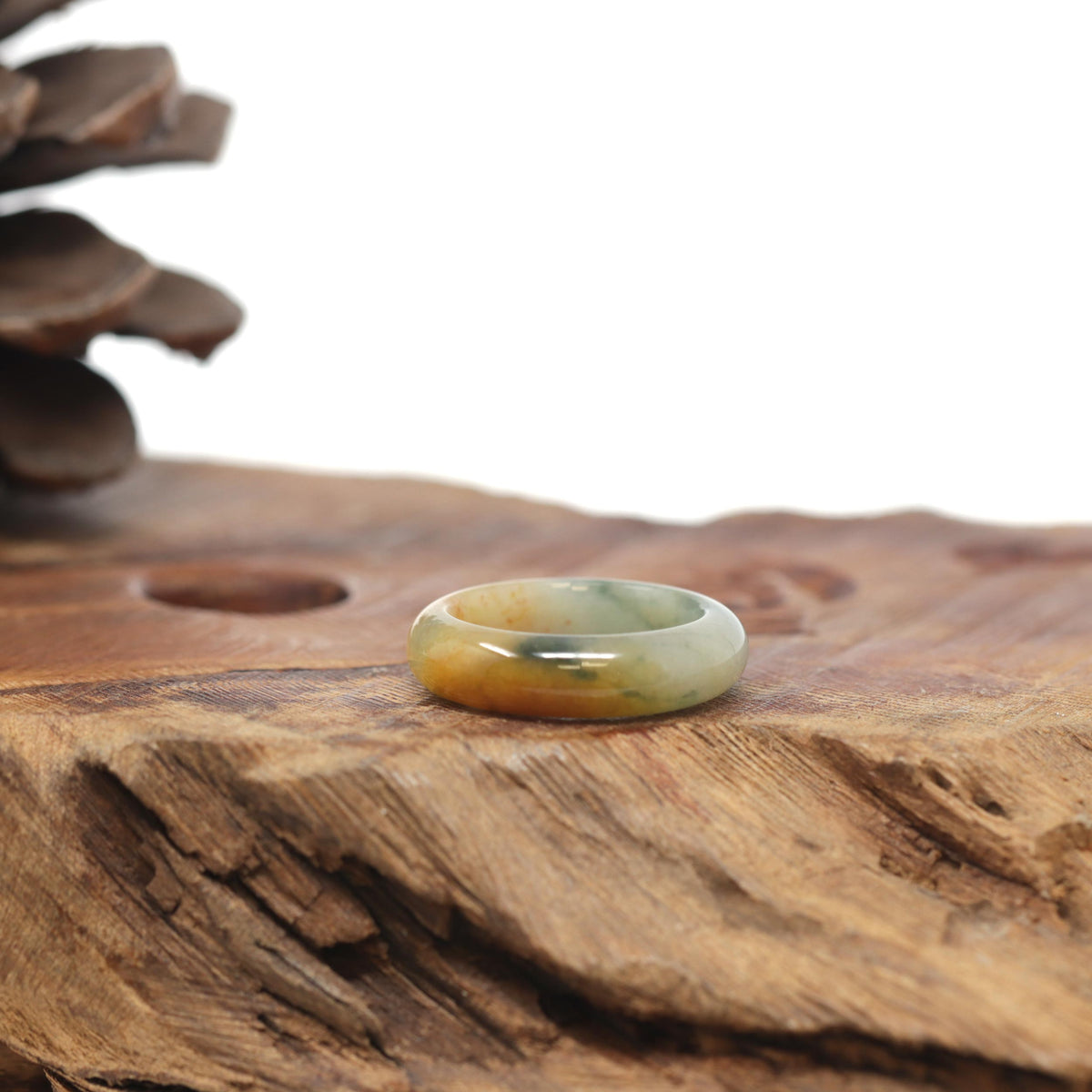 Baikalla Natural Icy Yellow-Orange &amp; Blue-Green Flowers Jadeite Jade Traditional Ring 