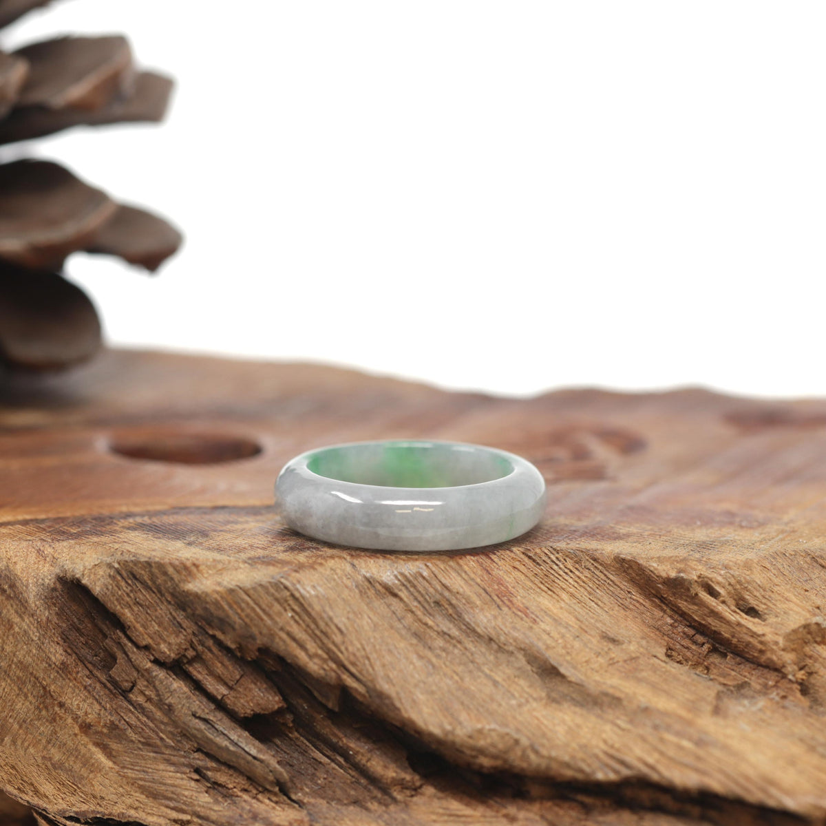 Baikalla Natural Light Grey Wuji &amp; Apple-Green Jadeite Jade Traditional Ring 