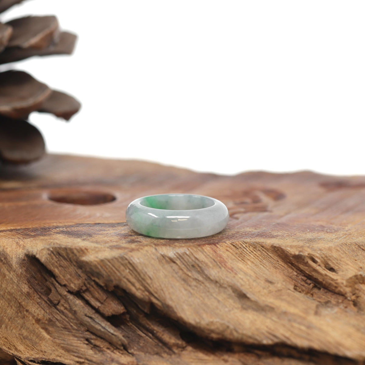 Baikalla Natural Icy Light Grey Wuji &amp; Apple-Green Jadeite Jade Traditional Ring 