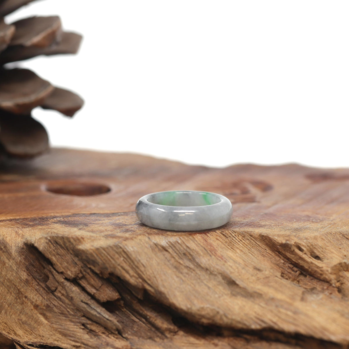 Baikalla Natural Light Grey Wuji &amp; Apple-Green Jadeite Jade Traditional Ring 