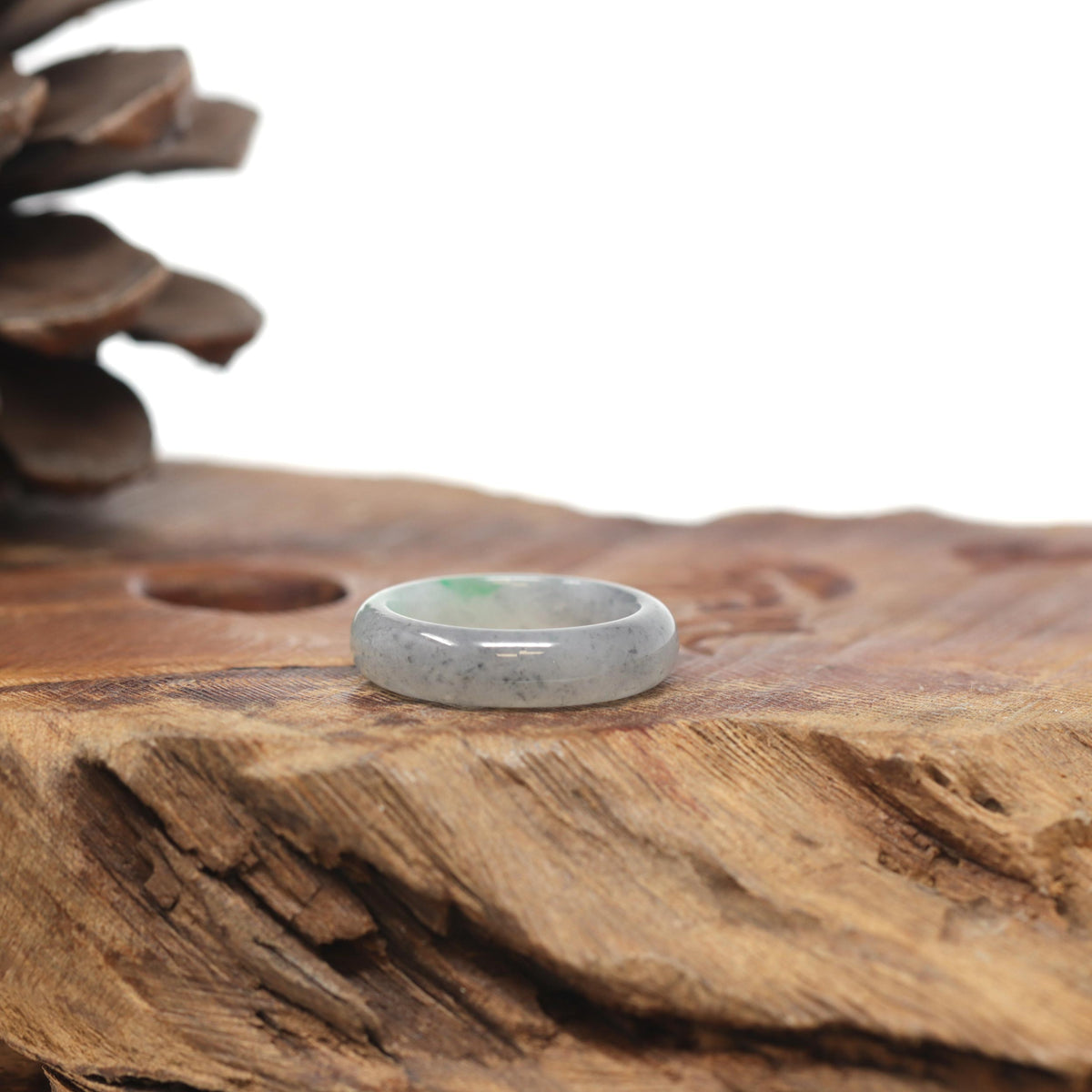 Baikalla Natural Icy Black Sesame Wuji W/ Apple-Green Patch Jadeite Jade Traditional Ring 