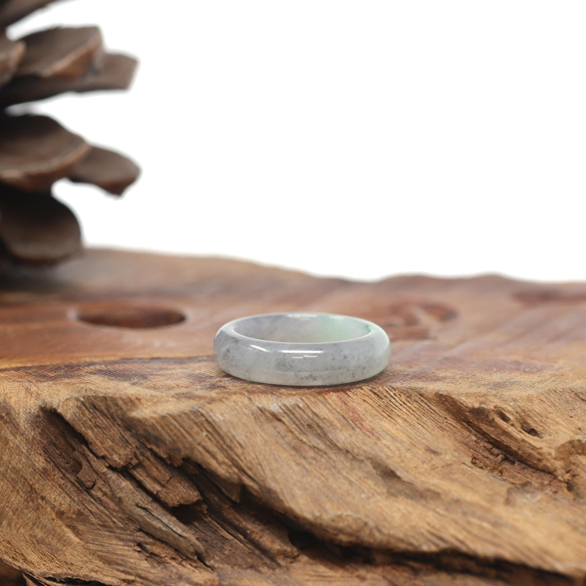 Baikalla Natural Icy Black Sesame Wuji W/ Apple-Green Patch Jadeite Jade Traditional Ring 