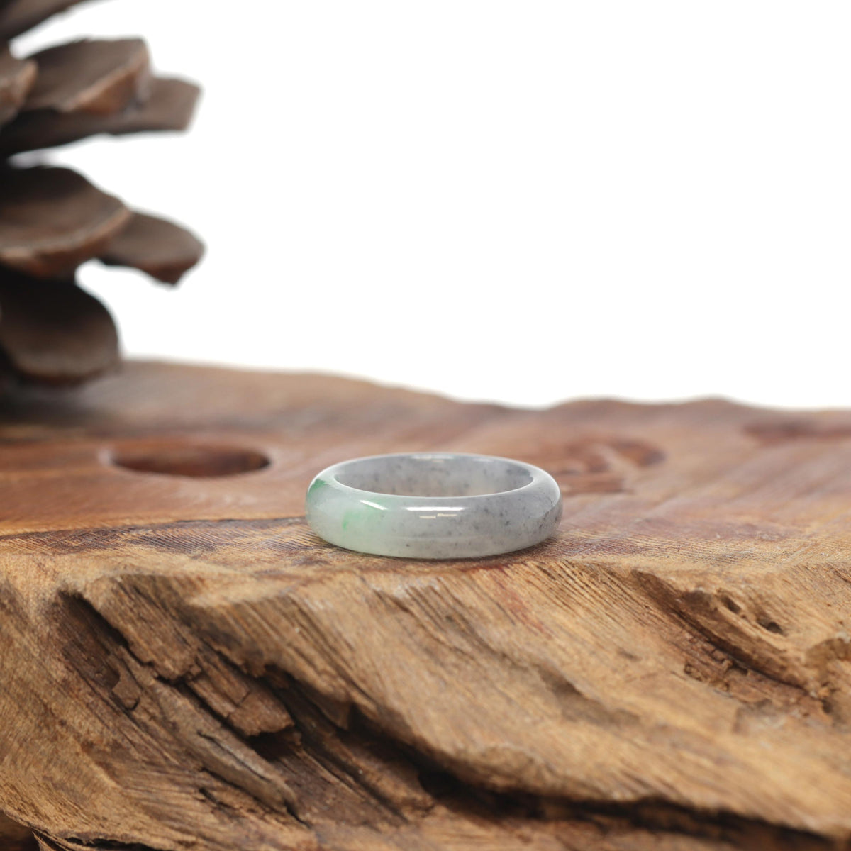 Baikalla Natural Icy Black Sesame Wuji W/ Apple-Green Patch Jadeite Jade Traditional Ring 