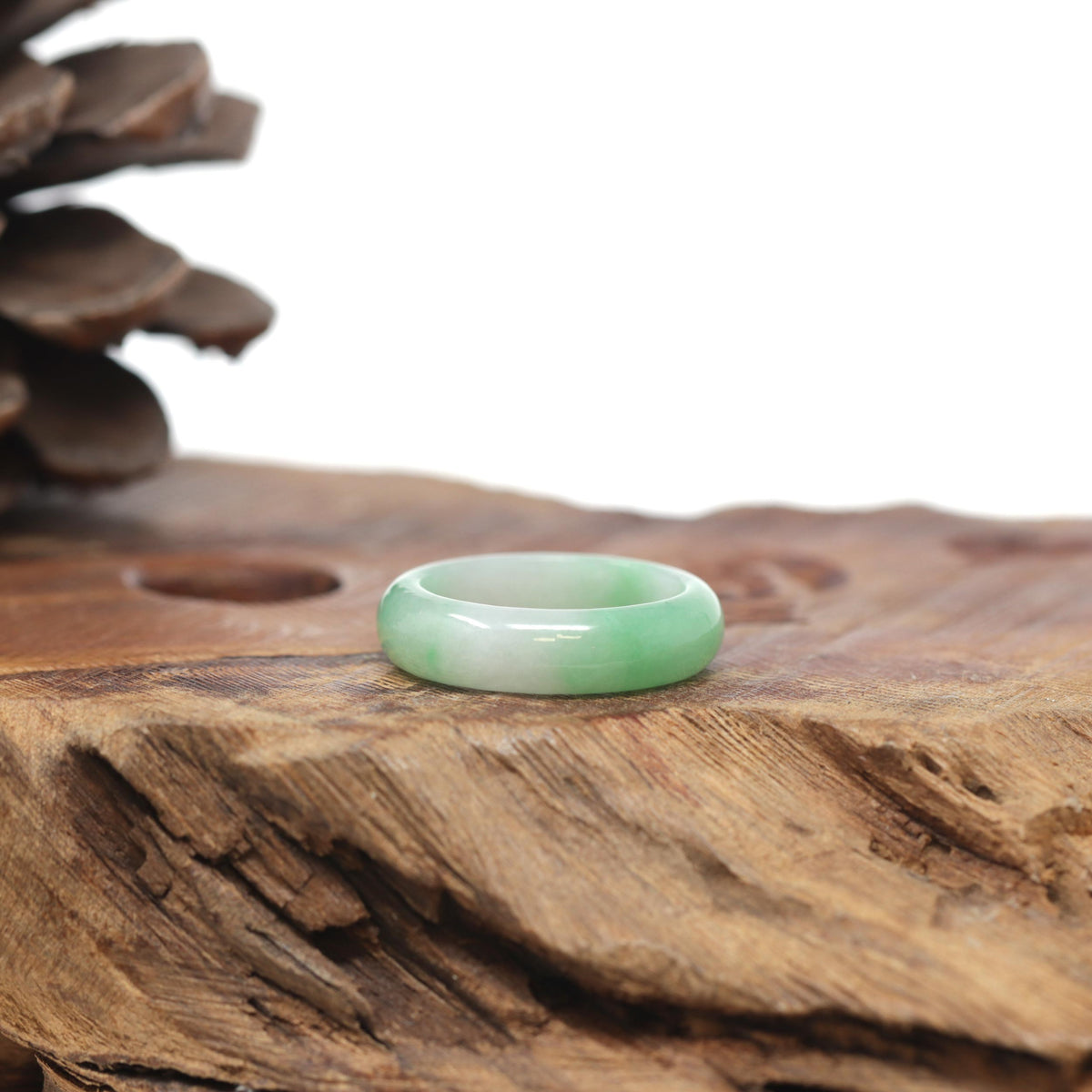 Baikalla Natural Icy Apple-Green Patches Jadeite Jade Traditional Ring 