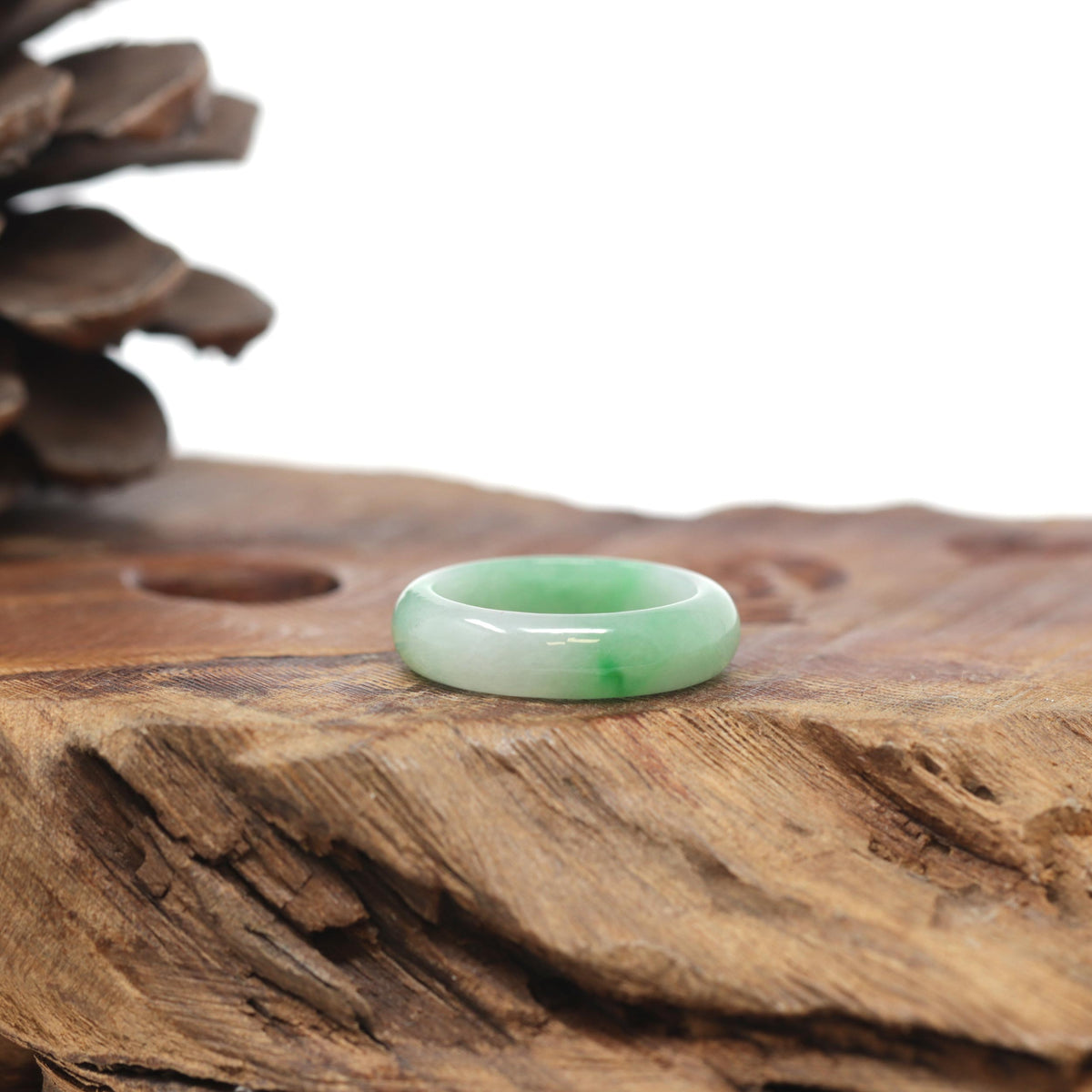 Baikalla Natural Icy Apple-Green Patches Jadeite Jade Traditional Ring 