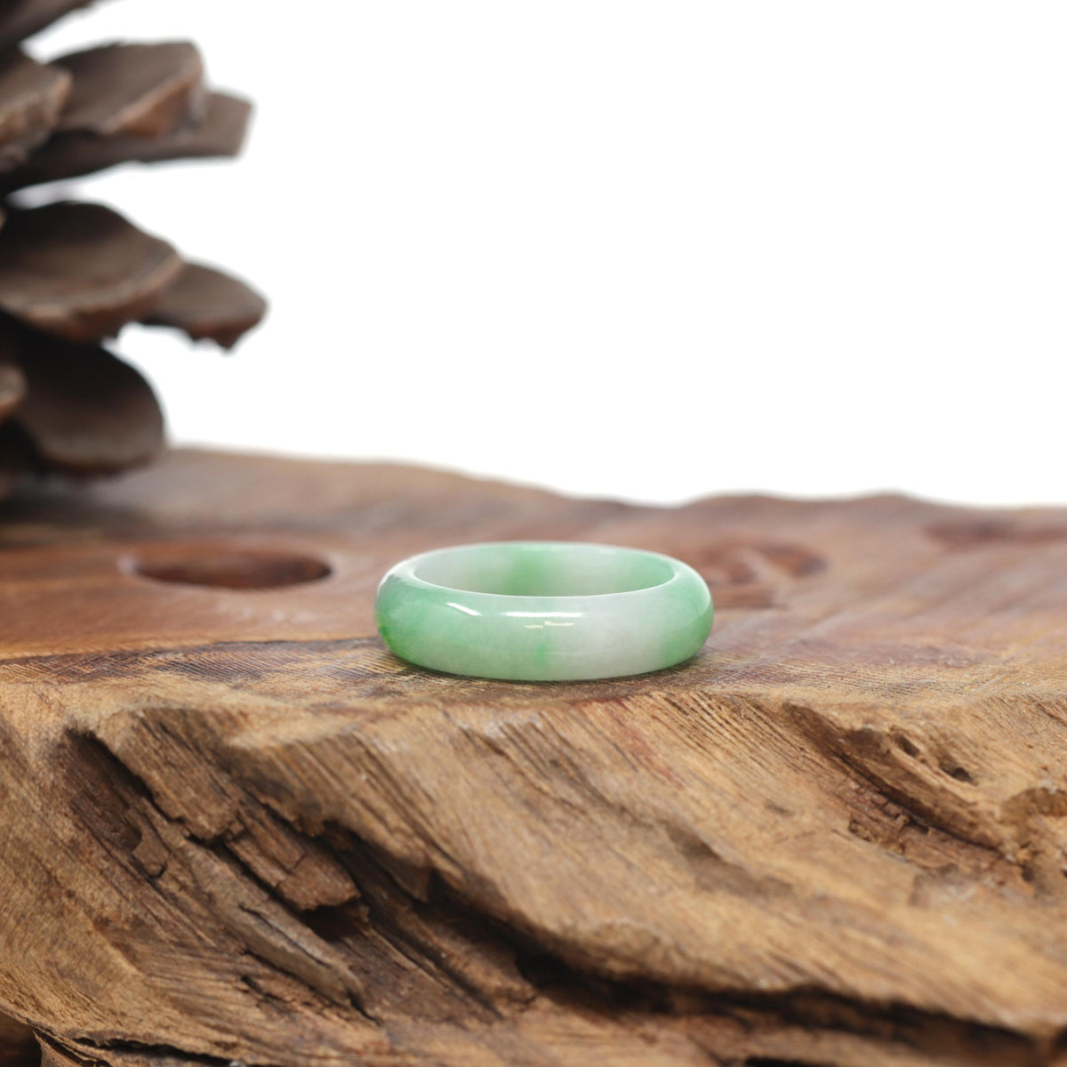 Baikalla Natural Icy Apple-Green Patches Jadeite Jade Traditional Ring 
