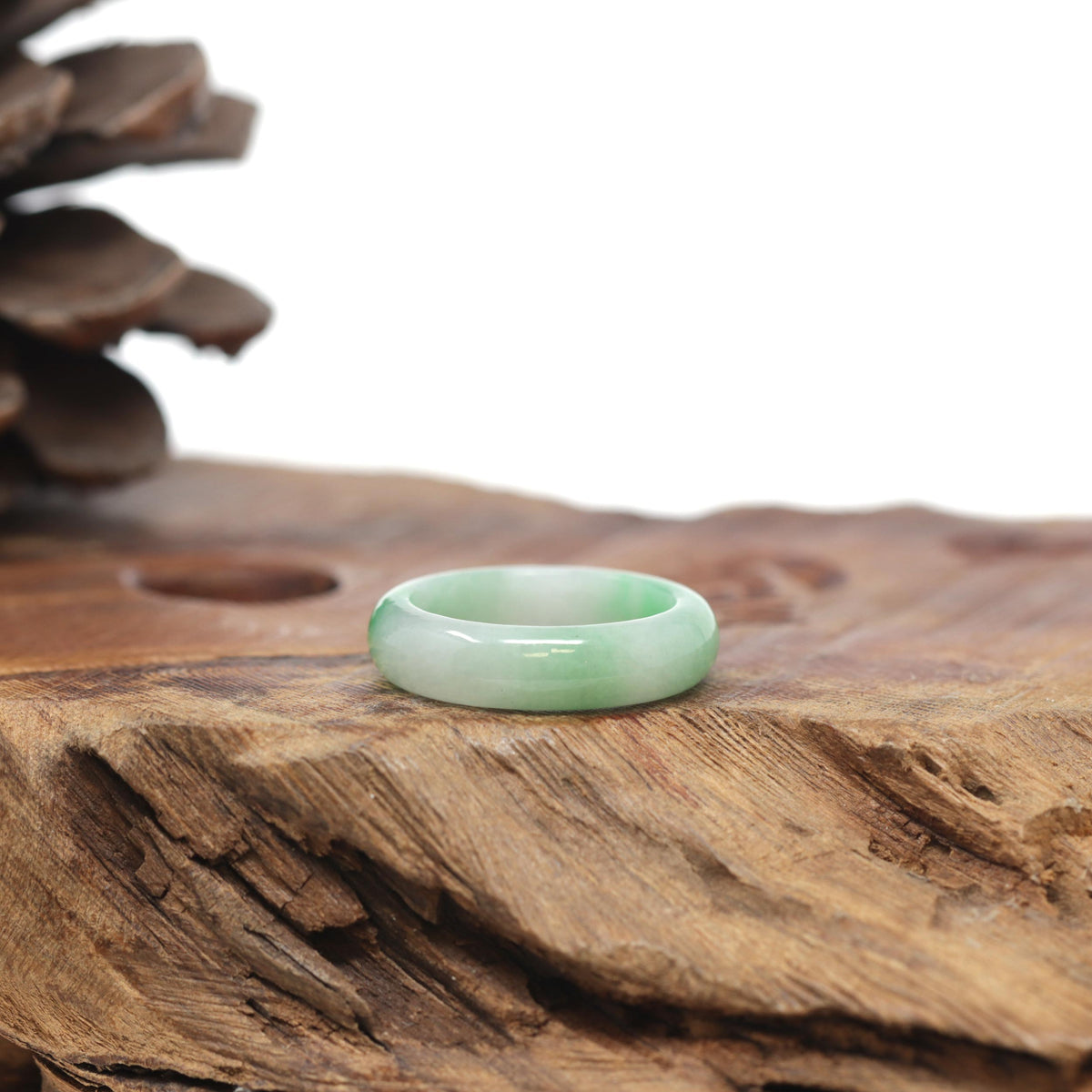 Baikalla Natural Icy Apple-Green Patches Jadeite Jade Traditional Ring 