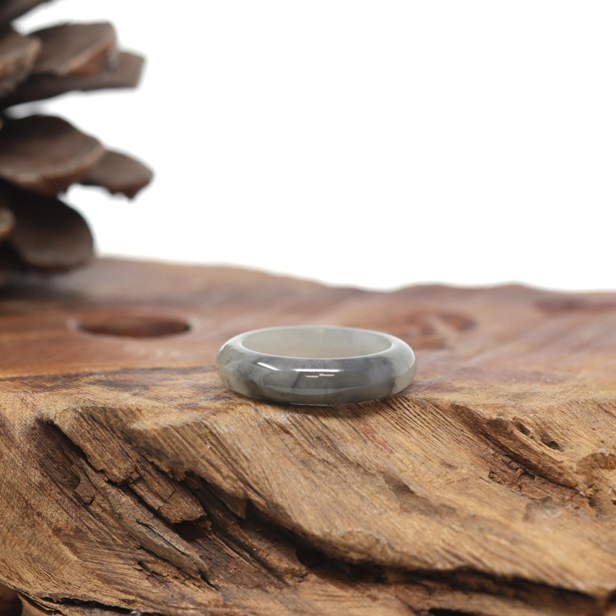 Baikalla Natural Icy Faint Yellow &amp; Black Wuji Patch Jadeite Jade Traditional Ring 