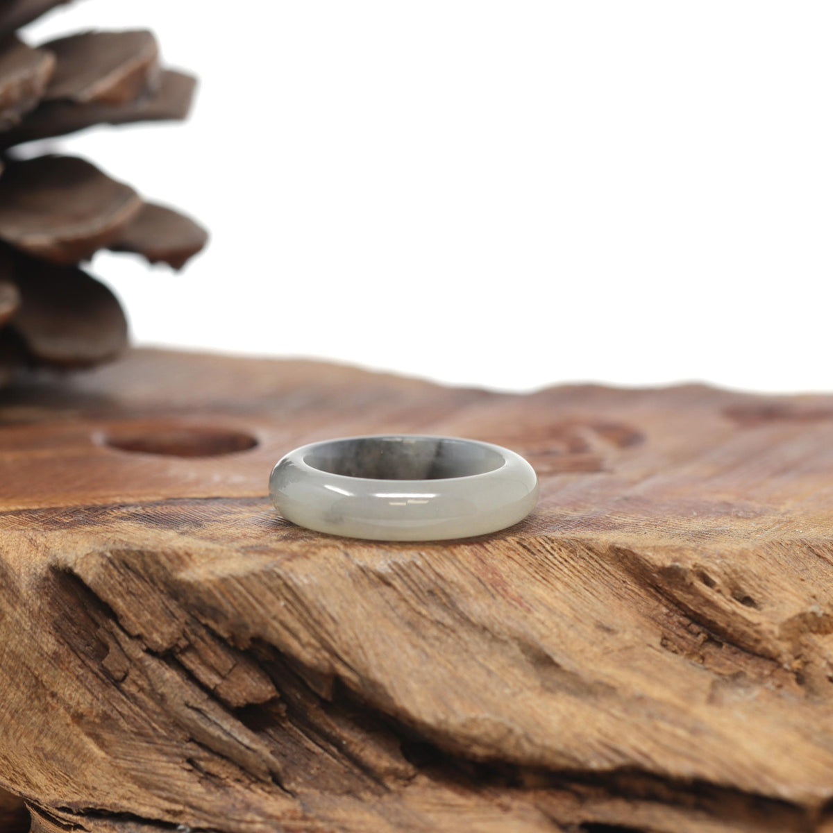 Baikalla Natural Icy Faint Yellow &amp; Black Wuji Patch Jadeite Jade Traditional Ring 