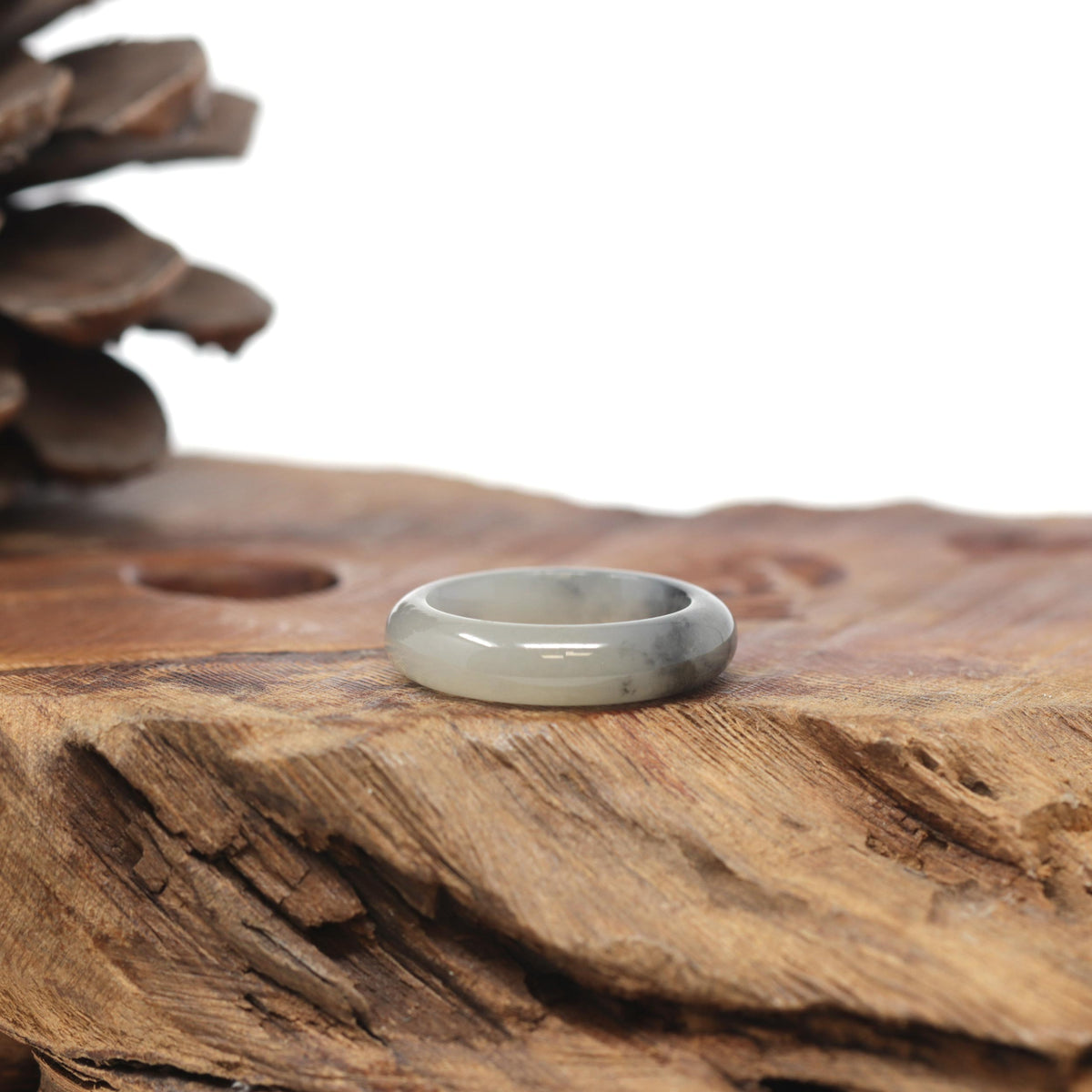 Baikalla Natural Icy Faint Yellow &amp; Black Wuji Patch Jadeite Jade Traditional Ring 
