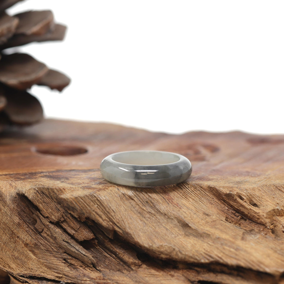 Baikalla Natural Icy Faint Yellow &amp; Black Wuji Patch Jadeite Jade Traditional Ring 