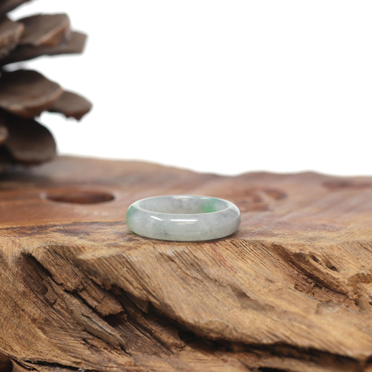 Baikalla Natural Icy Grey Wuji &amp; Apple-Green Jadeite Jade Traditional Ring 