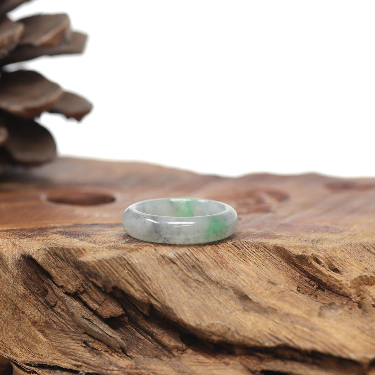 Baikalla Natural Icy Grey Wuji &amp; Apple-Green Jadeite Jade Traditional Ring 