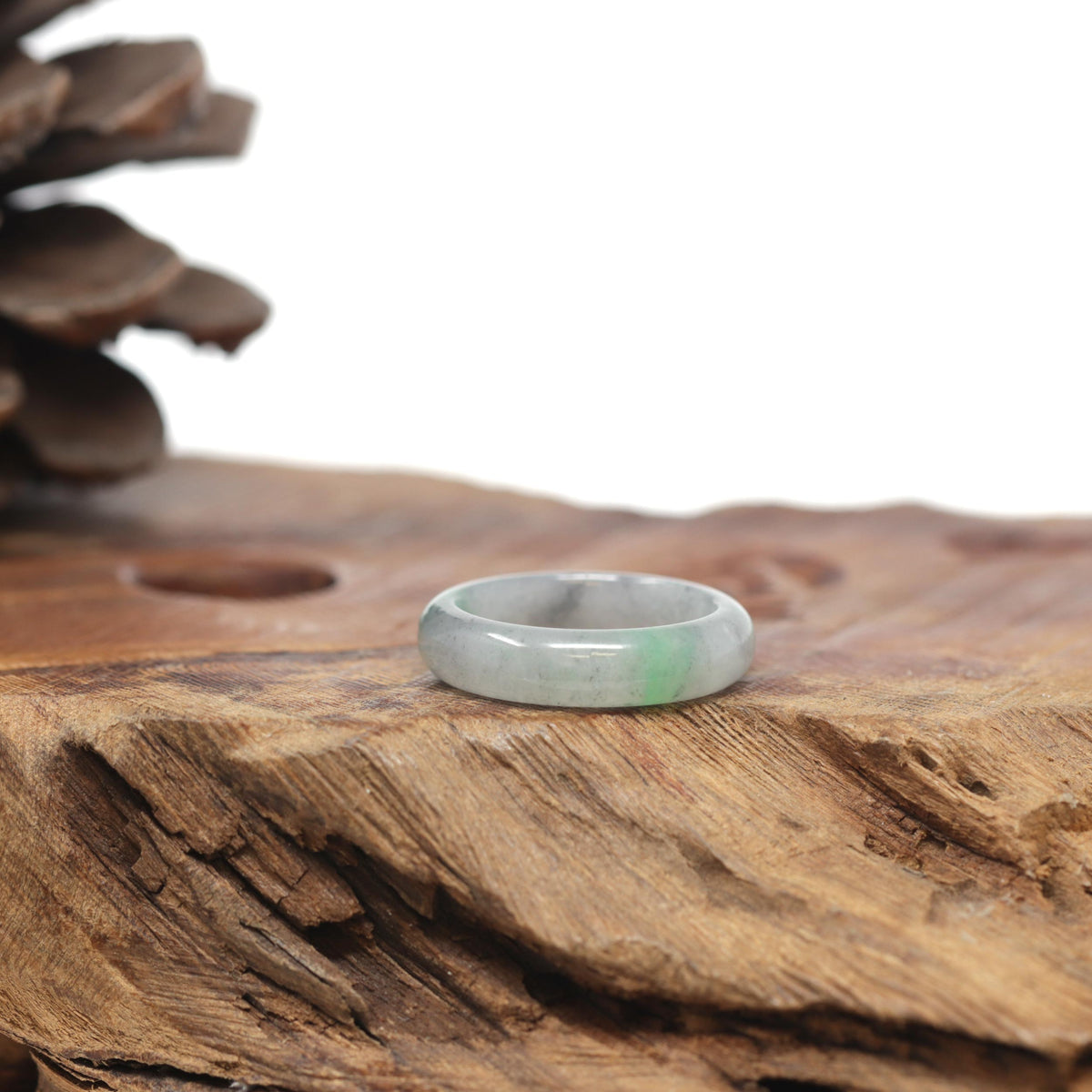 Baikalla Natural Icy Grey Wuji &amp; Apple-Green Jadeite Jade Traditional Ring 