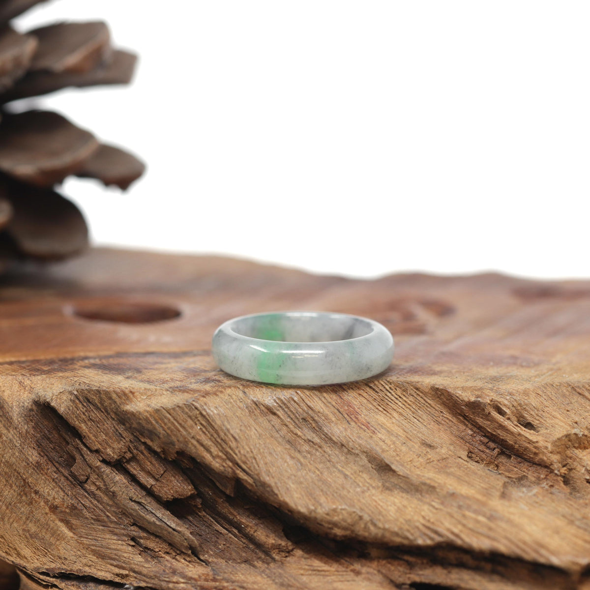 Baikalla Natural Icy Grey Wuji &amp; Apple-Green Jadeite Jade Traditional Ring 