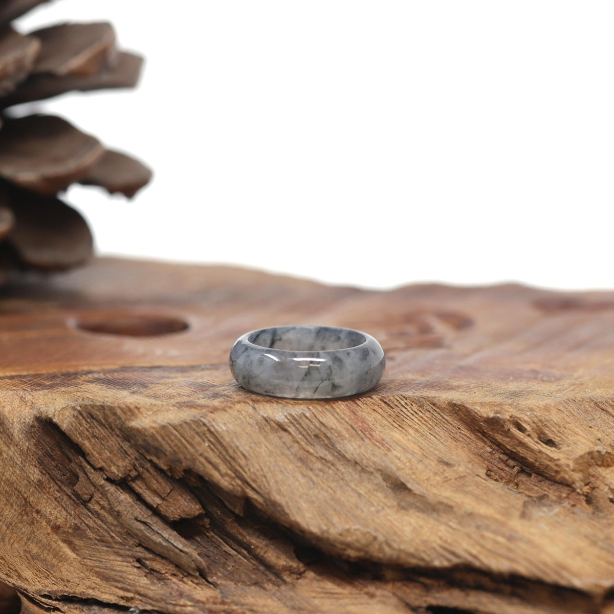 Baikalla Natural Icy Black Wuji Jadeite Jade Traditional Ring 