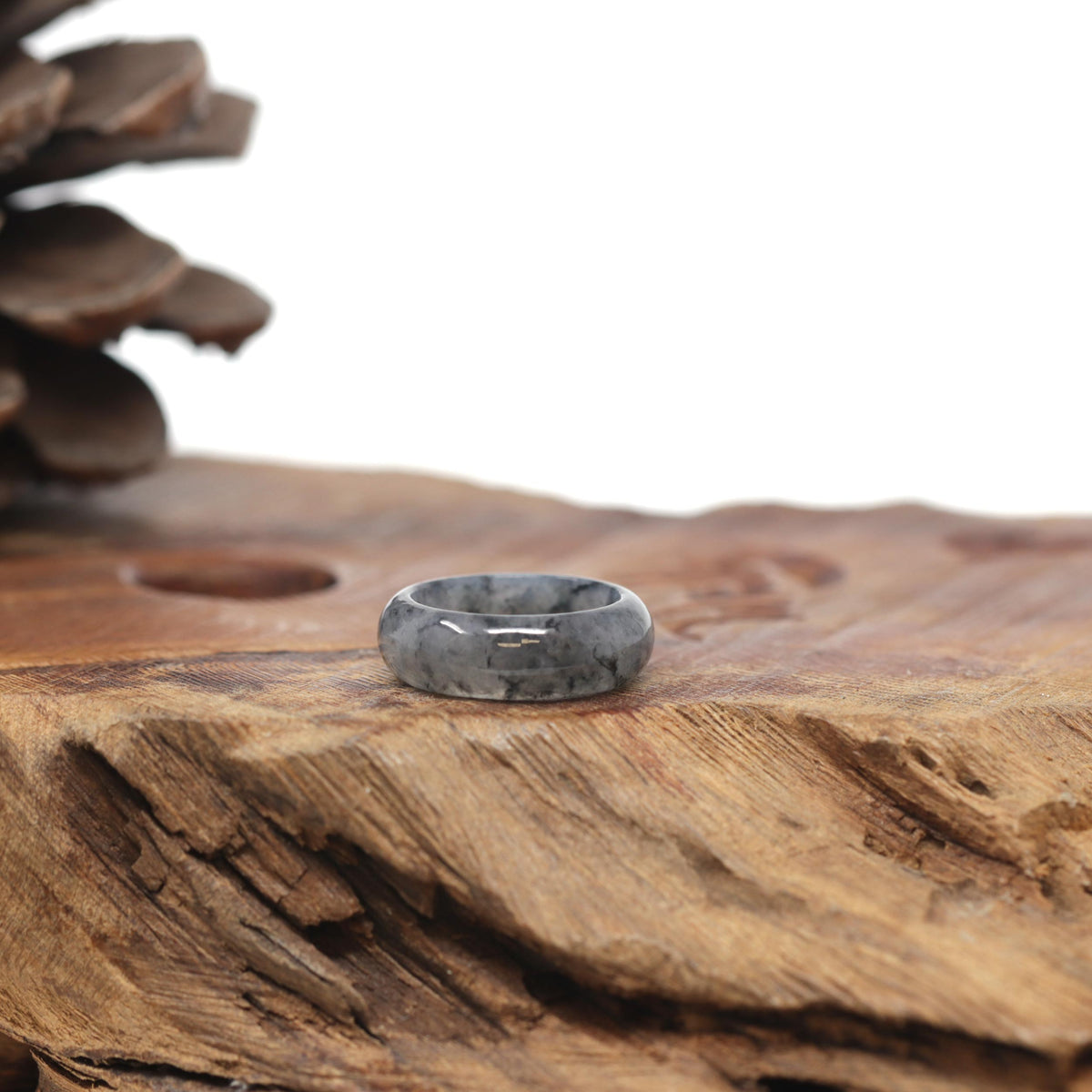 Baikalla Natural Icy Black Wuji Jadeite Jade Traditional Ring 