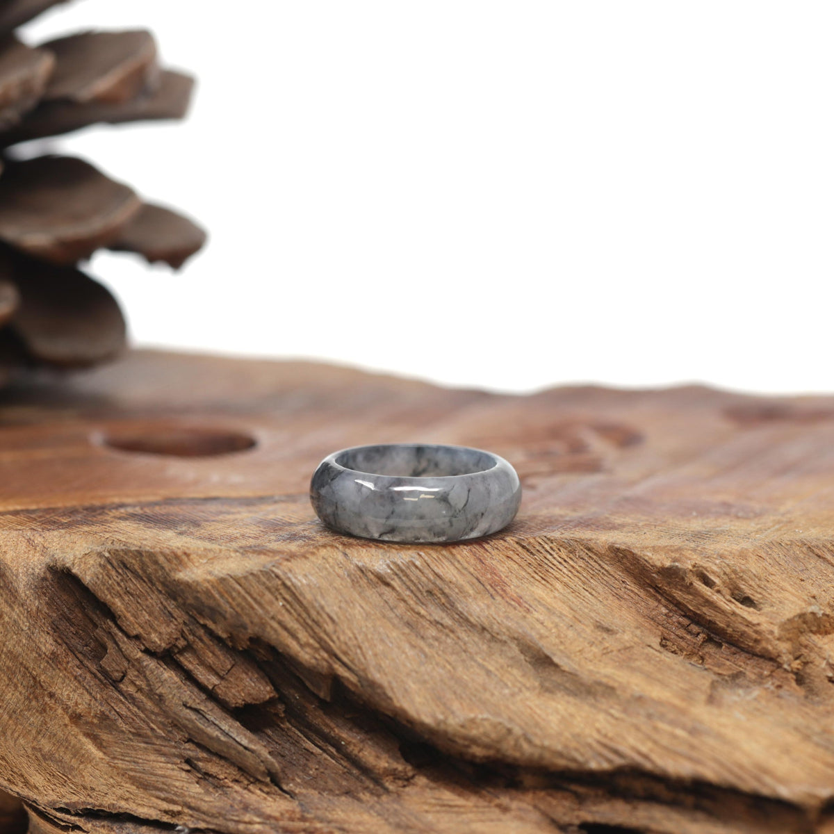 Baikalla Natural Icy Black Wuji Jadeite Jade Traditional Ring 
