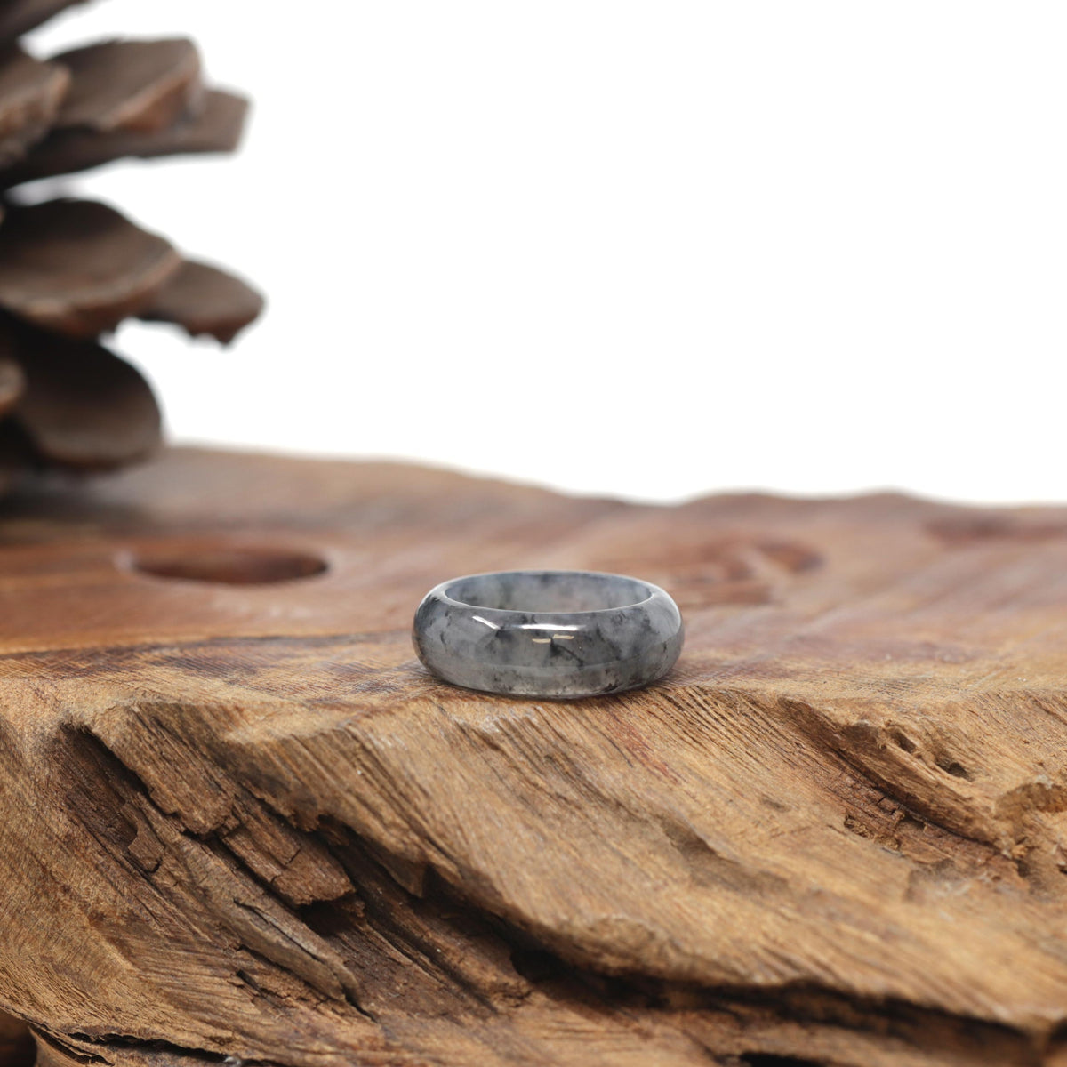 Baikalla Natural Icy Black Wuji Jadeite Jade Traditional Ring 