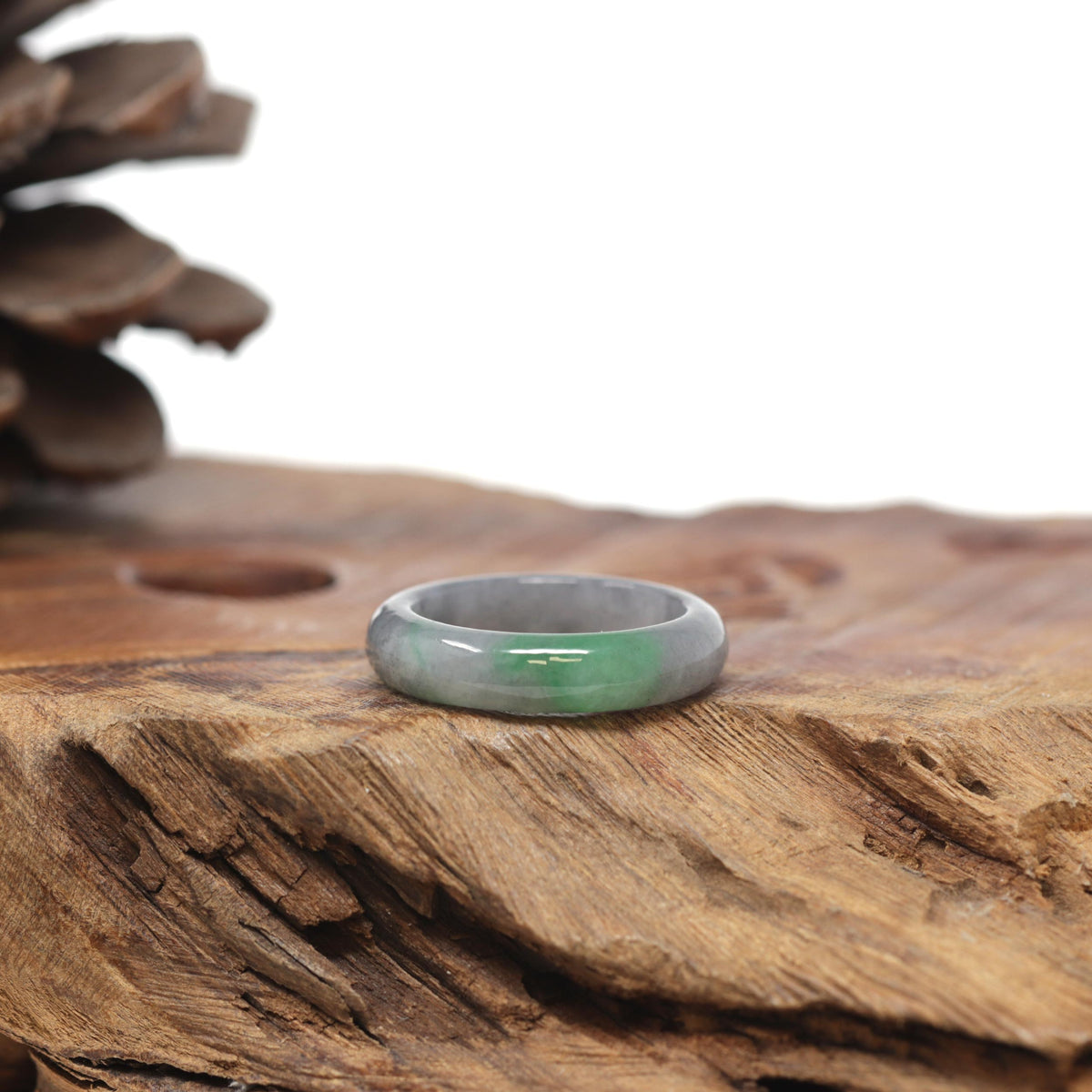Baikalla Natural Icy Grey Wuji &amp; Apple-Green Jadeite Jade Traditional Ring 