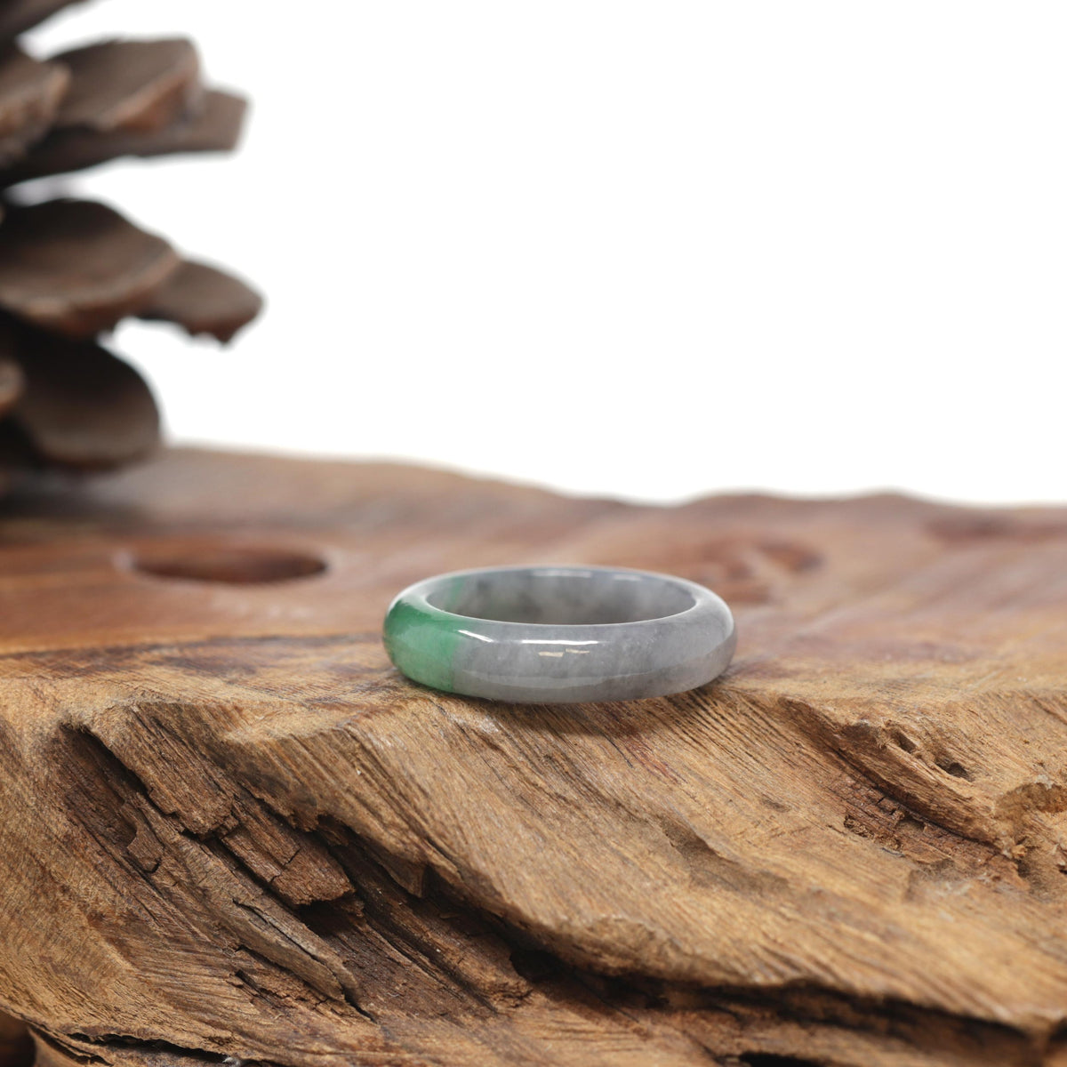 Baikalla Natural Icy Grey Wuji &amp; Apple-Green Jadeite Jade Traditional Ring 