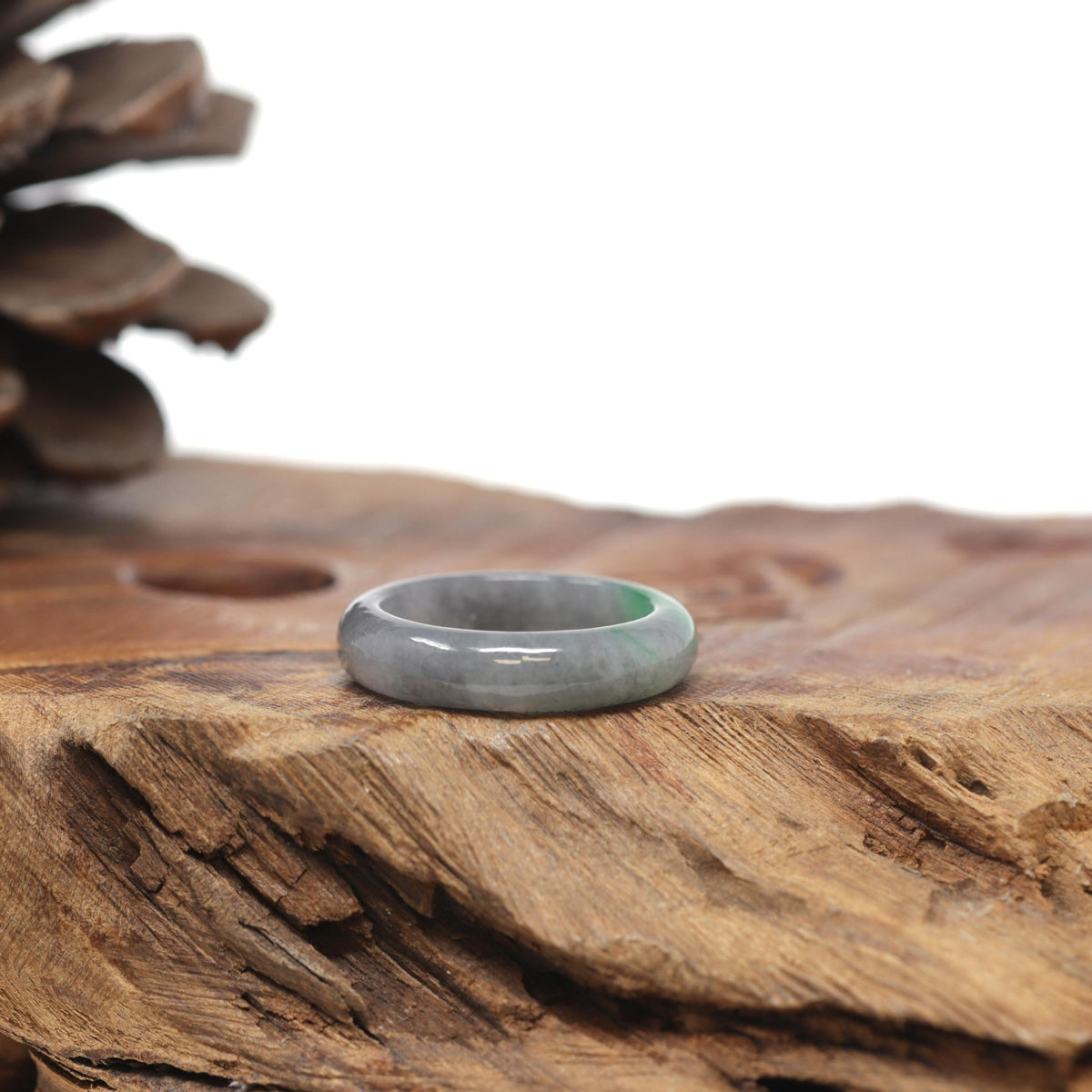 Baikalla Natural Icy Grey Wuji &amp; Apple-Green Jadeite Jade Traditional Ring 
