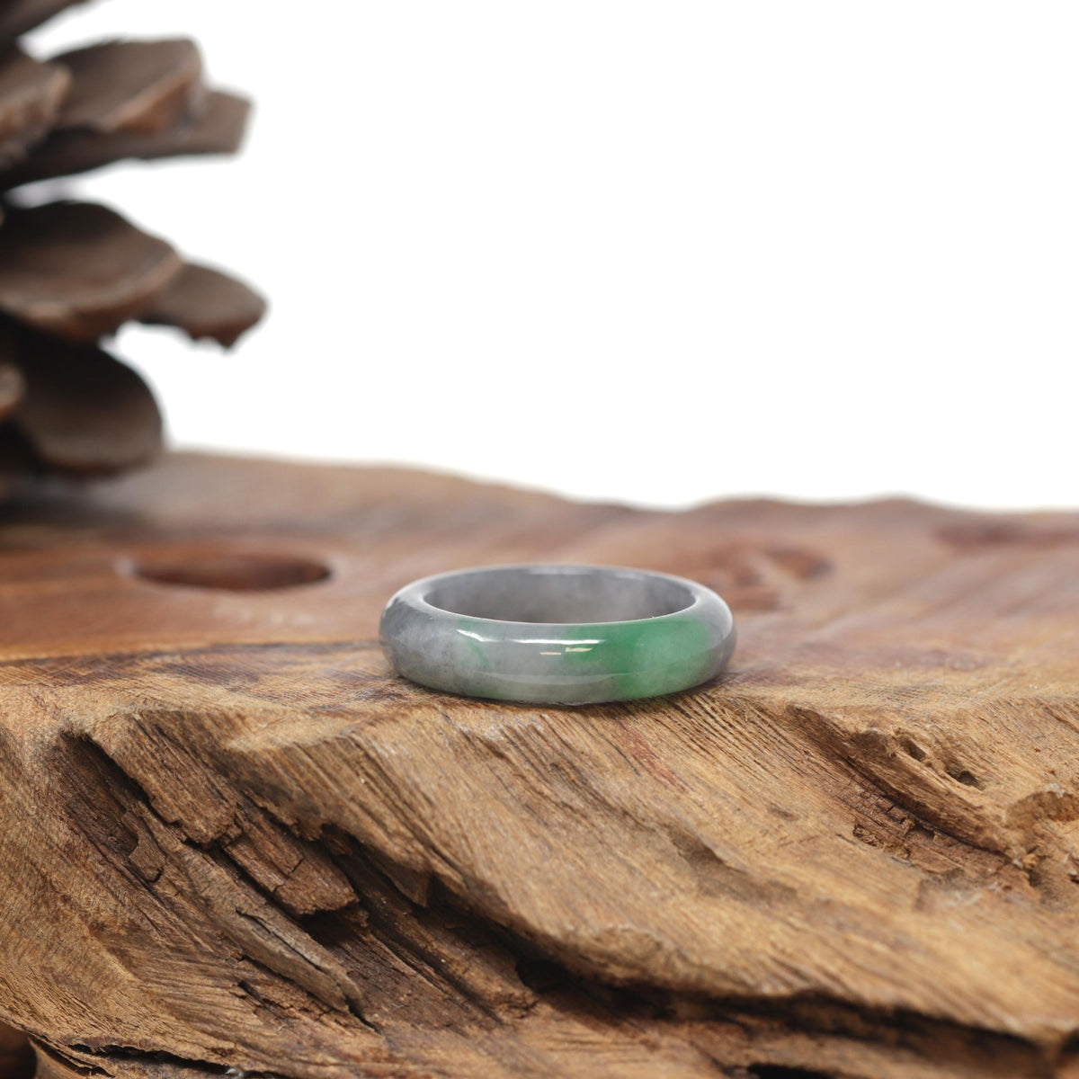 Baikalla Natural Icy Grey Wuji &amp; Apple-Green Jadeite Jade Traditional Ring 