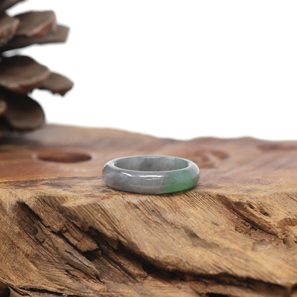 Baikalla Natural Icy Grey Wuji &amp; Apple-Green Jadeite Jade Traditional Ring 