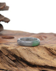 Baikalla Natural Icy Grey Wuji & Apple-Green Jadeite Jade Traditional Ring 